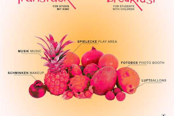 Plakat Familienfrühstück. Das Plakat ist in einem orange/pink-Farbton gestaltet. Abgebildet sind verschieden Früchte wie Ananas, Mango, Banane und Apfel. 