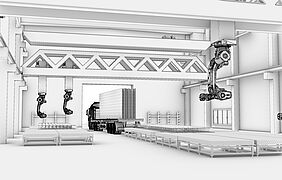 Eine schwatz-weiß-Grafik zeigt eine Halle mit Kranbahn, Industrieroboter und Laufband.