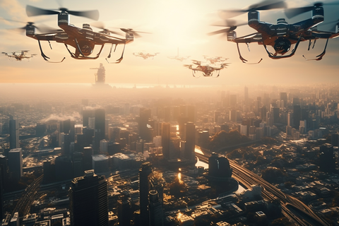 KI-generierte Aufnahme von mehreren Drohnen, welche über einer Großstadt fliegen