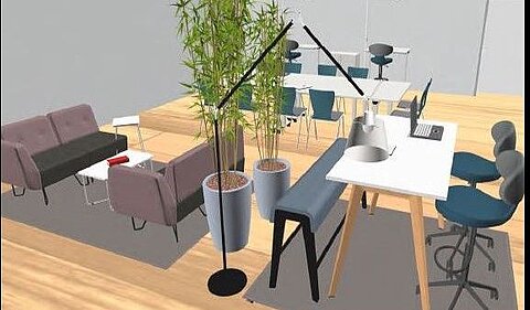 Visualisierung eines Arbeitsraumes mit Stehtisch, großem Arbeitstisch und Sitzecke