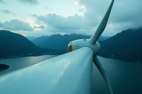 Windkraftanlage vor Berglandschaft (KI-generiert)