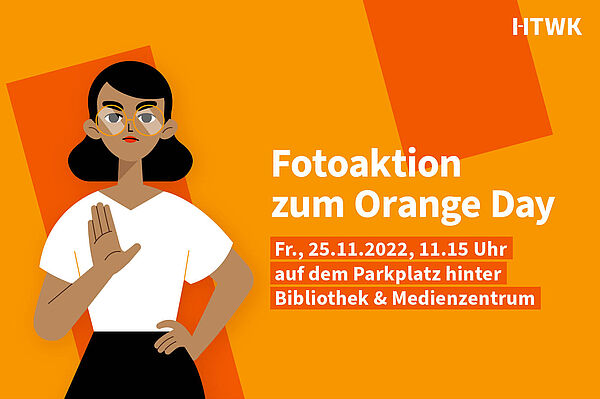 Grafik mit Frau vor orangem Hintergrund und Schriftzug "Fotoaktion"
