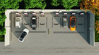 A view from above of a public parking lot