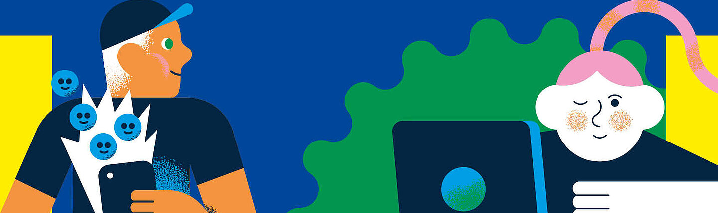 Deine Zukunft an der HTWK Leipzig Plakative Illustration mit zwei Personen, die über Handy und Laptop Informationen abrufen