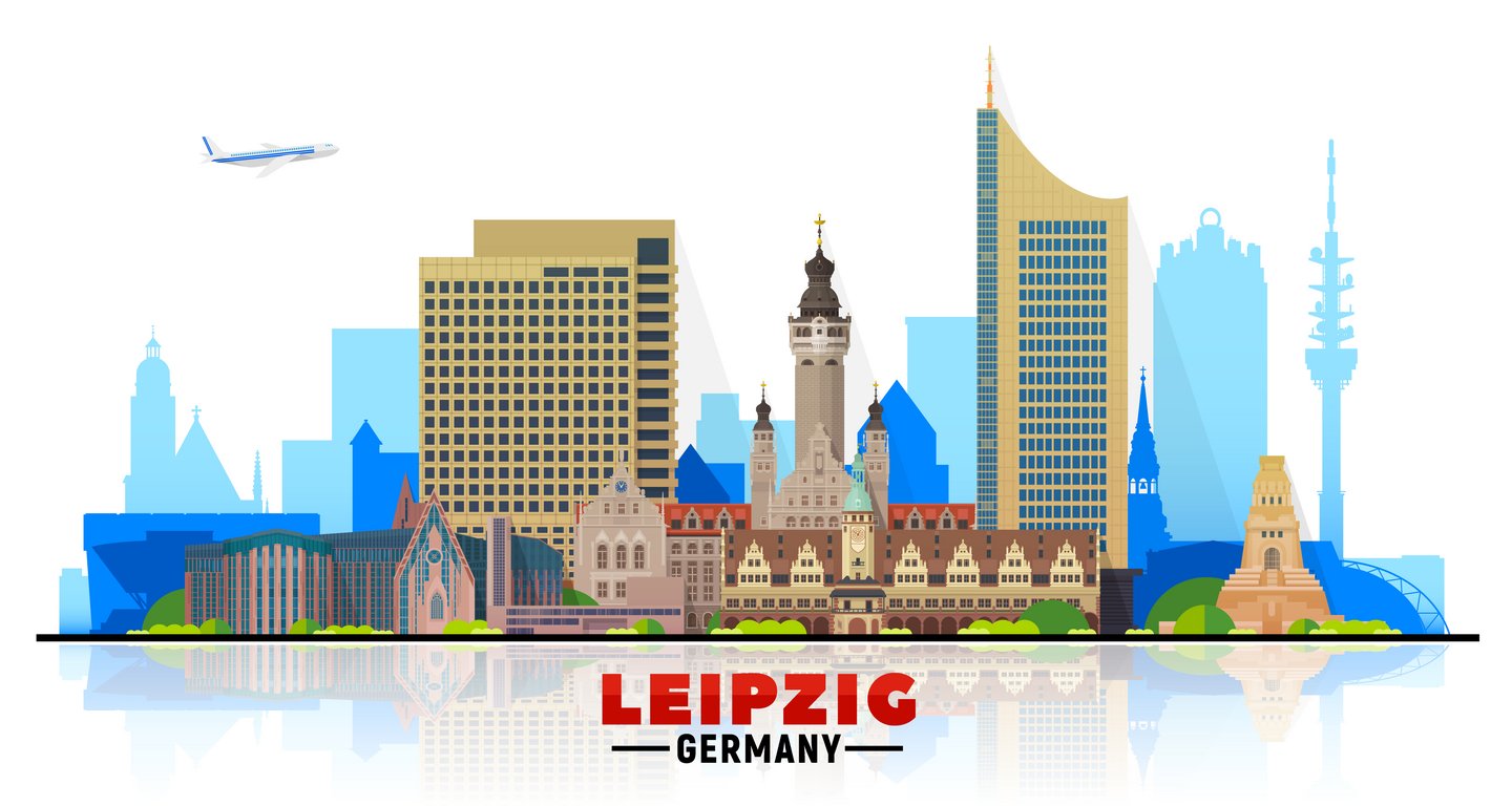 Leipzig Skyline. Gebäude der Stadt Leipzig (Rathaus, MDR-Turm, Völkerschlachtdenkmal, Universität Leipzig, ...)