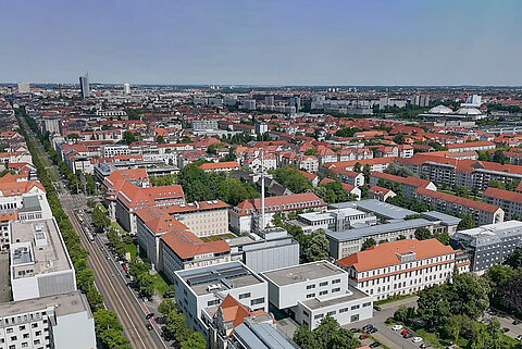 HTWK-Hauptcampus Blick aus der Vogelperspektive auf den Hauptcampus sowie das Zentrum Leipzigs