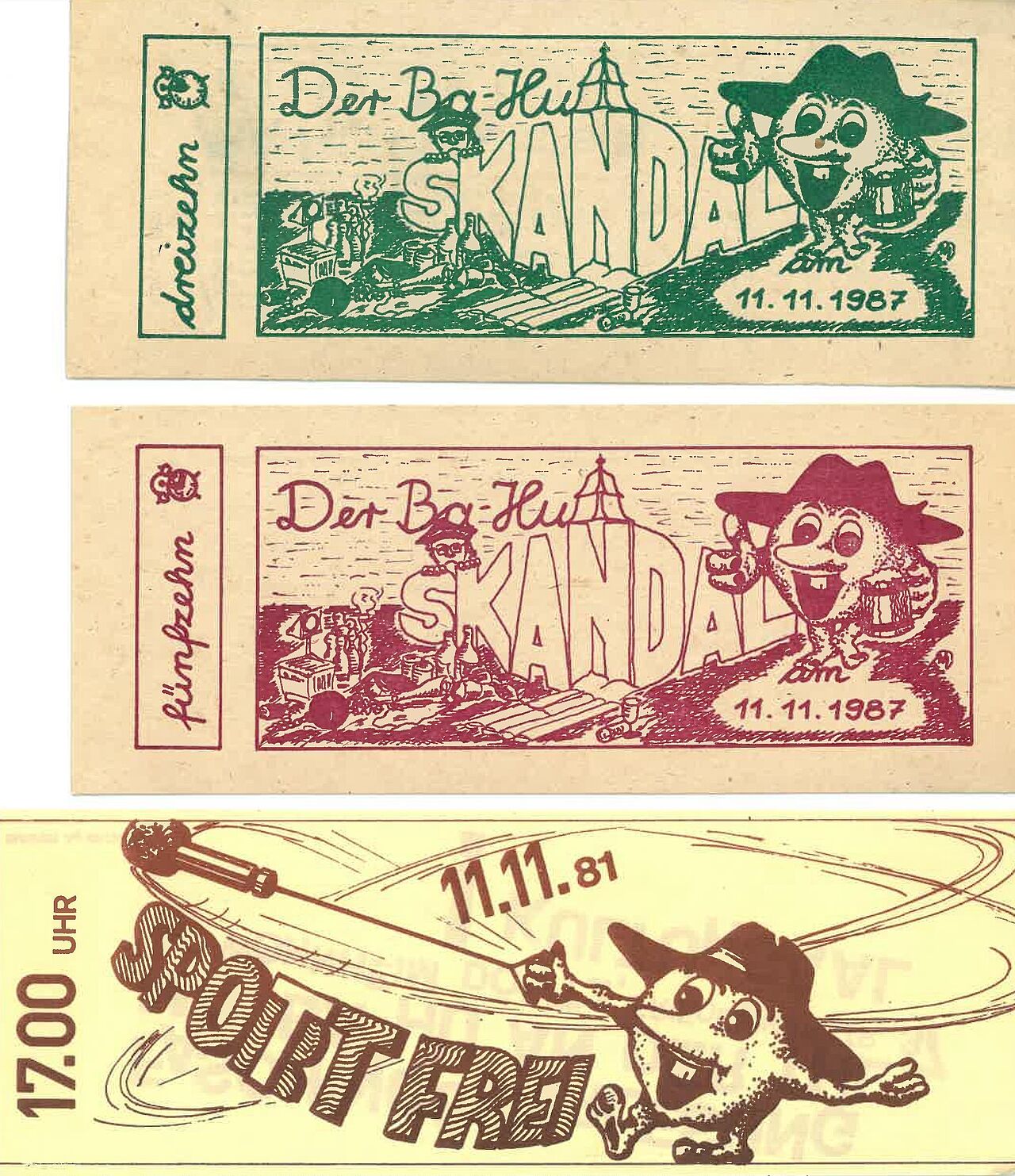 Drei Eintrittskarten von 1987 für 13, 15 und 17 Uhr.