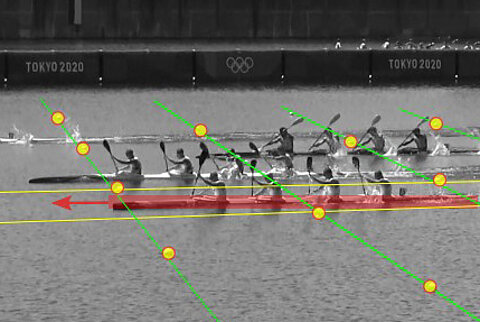 Ruderer im Boot mit Linien zur Analyse