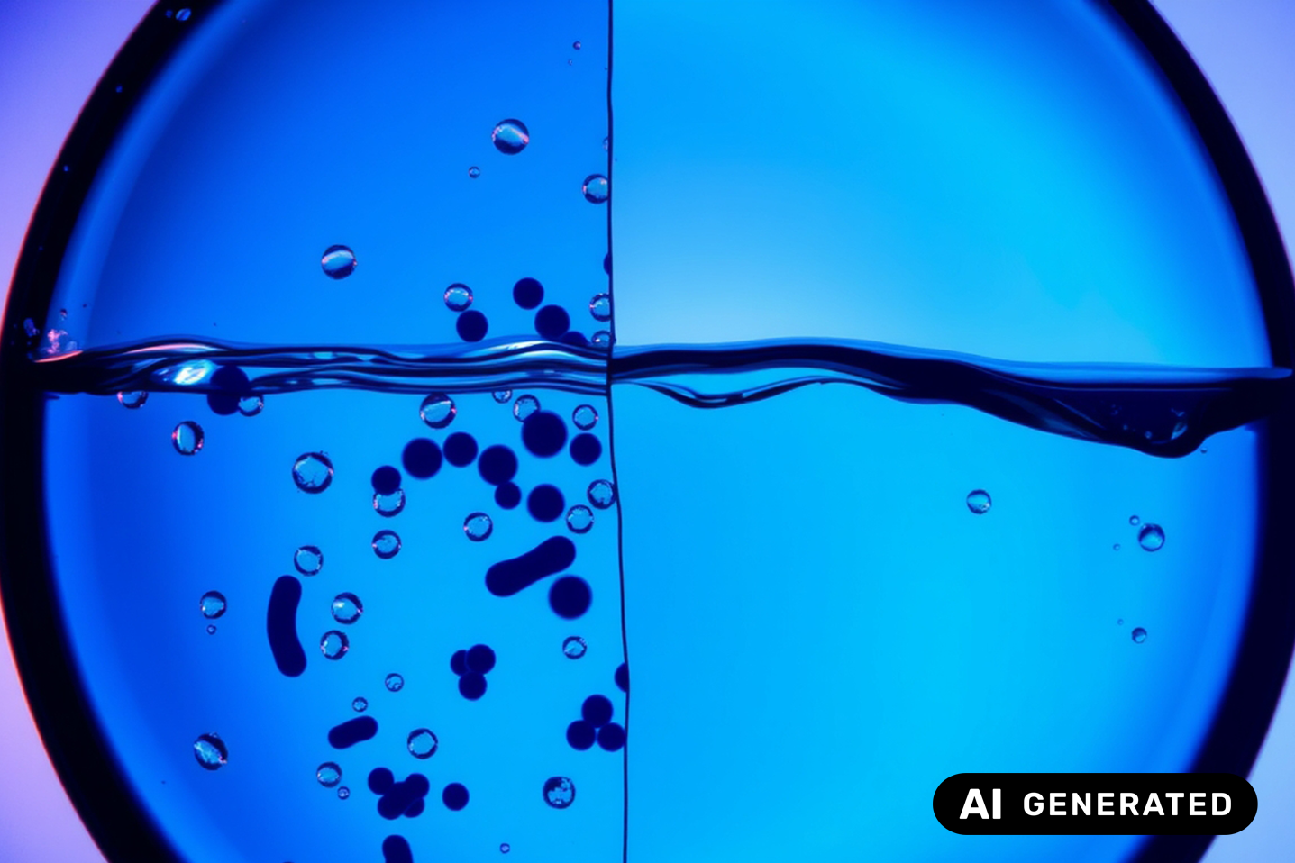 mikroskopische Aufnahme von gutem Wasser und auf der anderen Seiten kontaminiertem Wasser, KI-generiertes Bild/bei Verlinkung führt Link zur Projektwebsite