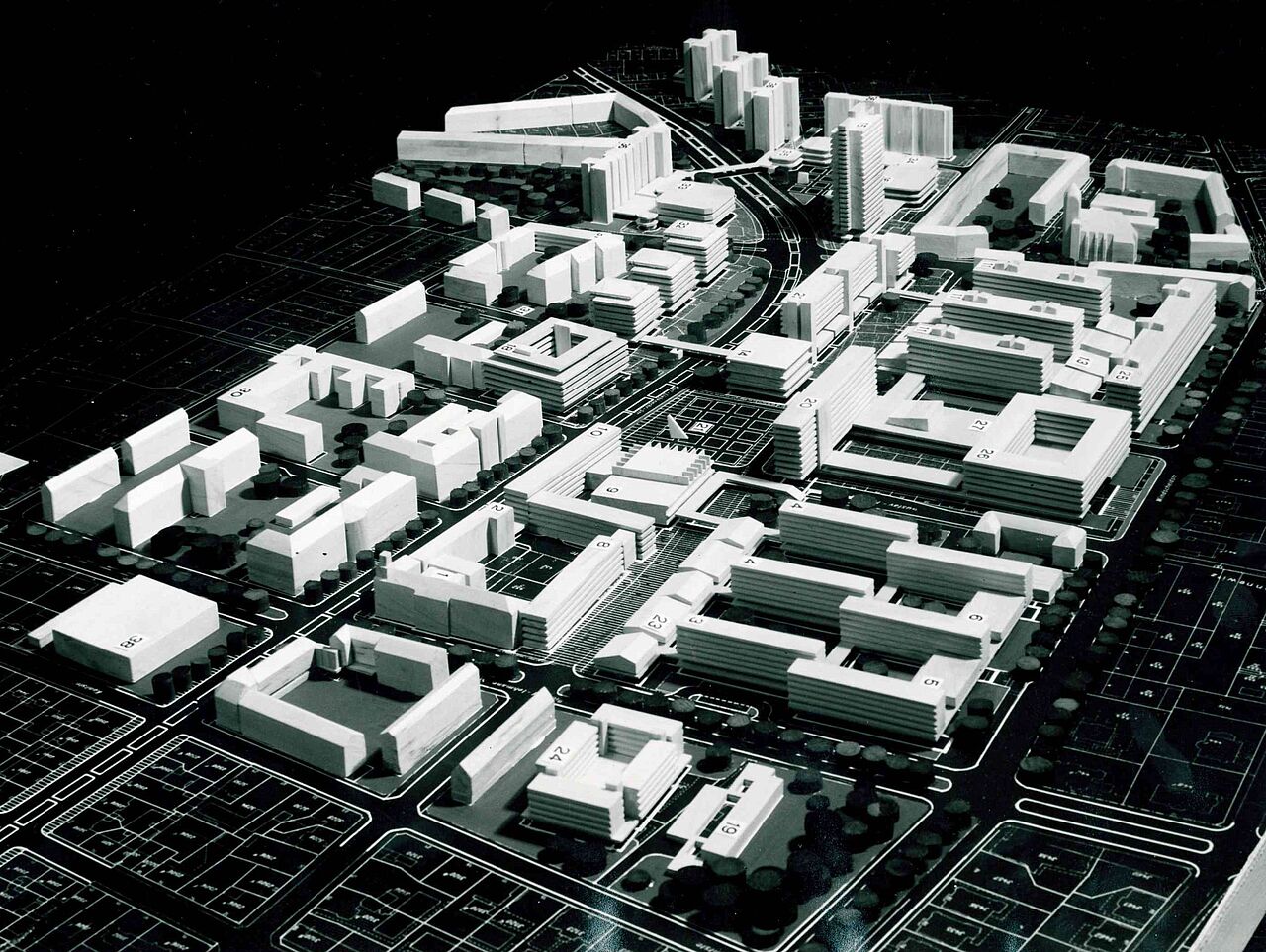 Dreidimensionales Modell vom geplanten Campus, Schrägansicht von Norden