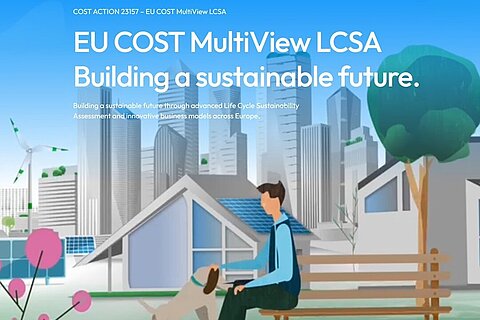 Logo Logo mit Häsuern im Hintergrund und einer auf einer Parkpank sitzenden Person