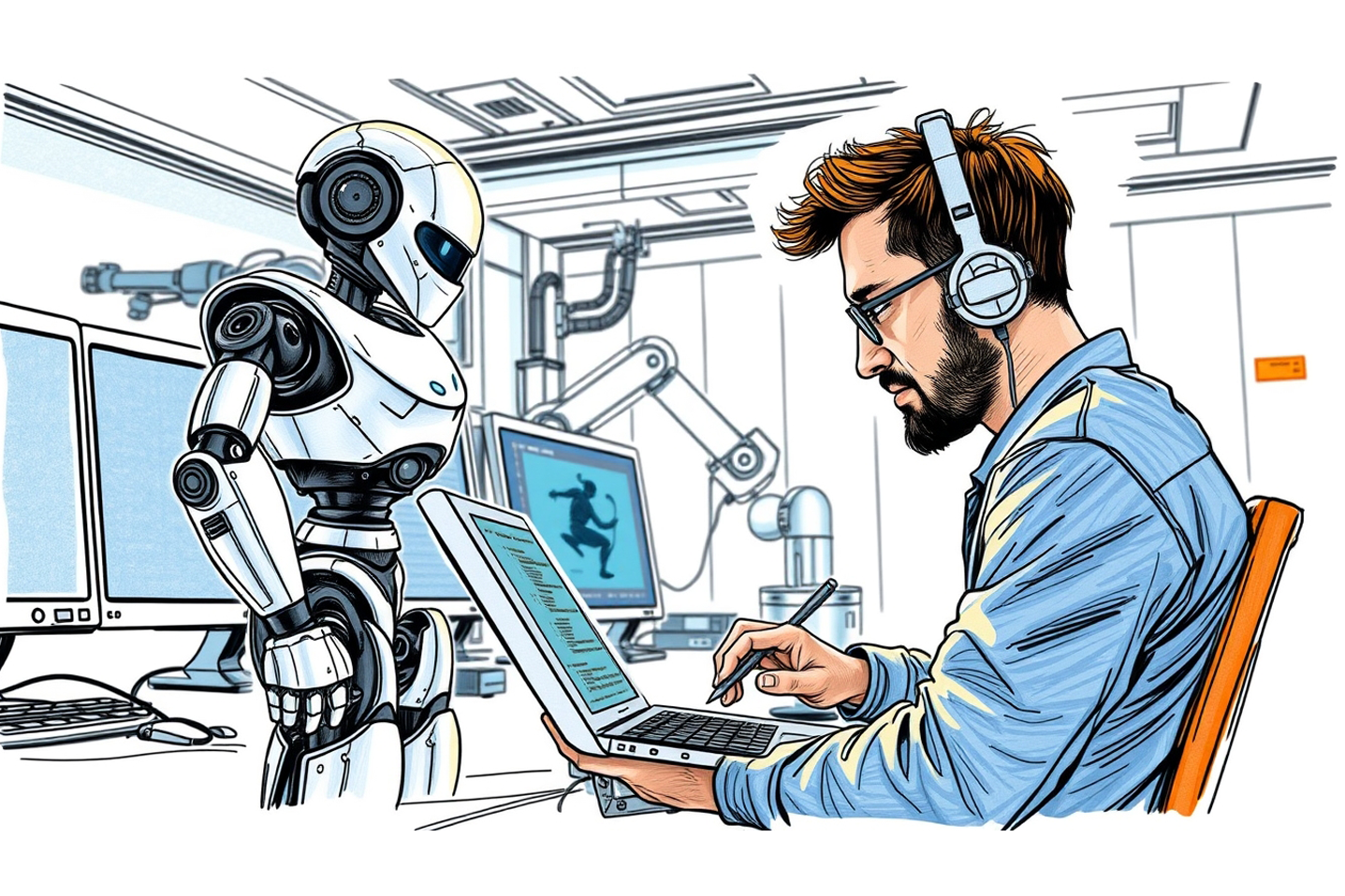 Humanoider Roboter steht neben dem Tisch, an dem Ingenieur sitzt, der Bewegungen am Laptop programmiert/eine Verlinkung führt zur Projektwebsite