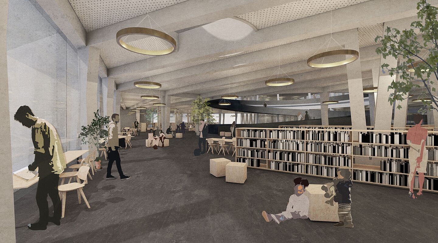 Das „Stadtwohnzimmer“ des Bibliotheksentwurfes. (Bild: Kerrom, Hupfer/HTWK Leipzig) Das „Stadtwohnzimmer“ des Bibliotheksentwurfes. (Bild: Kerrom, Hupfer/HTWK Leipzig)