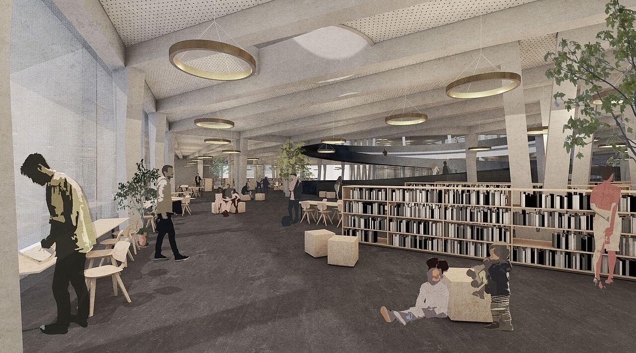 Das „Stadtwohnzimmer“ des Bibliotheksentwurfes. (Bild: Kerrom, Hupfer/HTWK Leipzig)