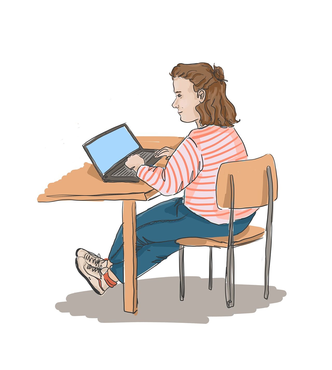Illustration von einer Studentin, die an ihrem Laptop sitzt