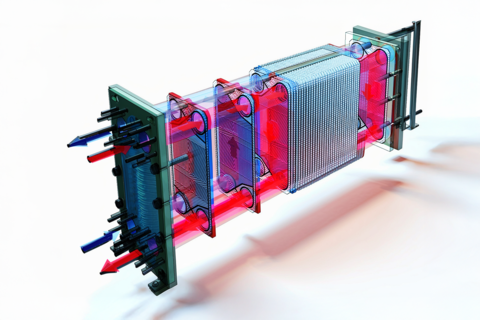 Grafische Darstellung eines Wärmeübertrages ähnlich einer Heizung mit blauen und roten Elementen (kalt und warm)