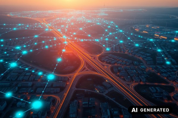 KI-generiertes Bild, Vogelperspektive auf eine Stadt im Sonnenuntergang mit leuchtend orangenen Straßen und einem Energienetz, welches mit hellblau leuchtenden Knotenpunkten und Linien dargestellt ist