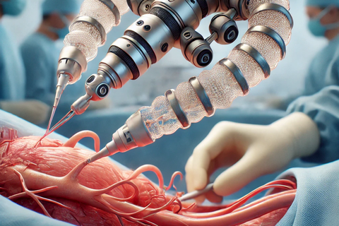 Roboterarm, der an offenem menschlichem Gewebe operiert (KI-generiert)