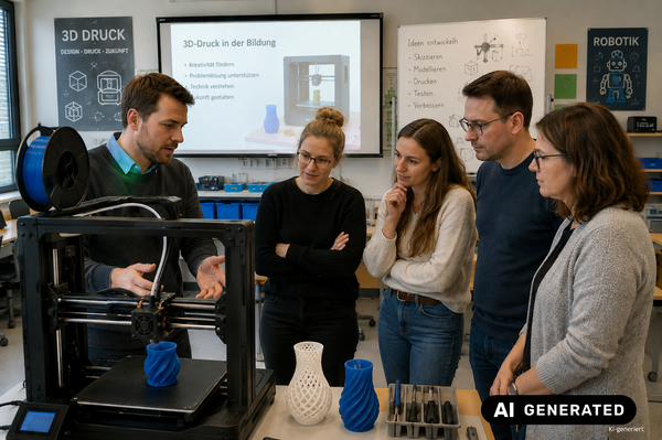 fünf Personen stehen in Seminarraum, im Vordergrund 3D-Drucker, auf dem Tisch 3D-gedruckte Modelle, man diskutiert miteinander
