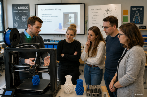 fünf Personen stehen in Seminarraum, im Vordergrund 3D-Drucker, auf dem Tisch 3D-gedruckte Modelle, man diskutiert miteinander