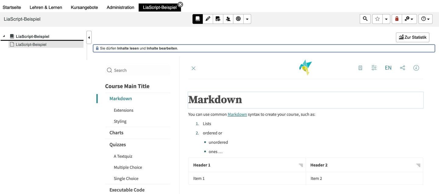 Screenshot Ansicht einer LiaScript-Seite in OPAL