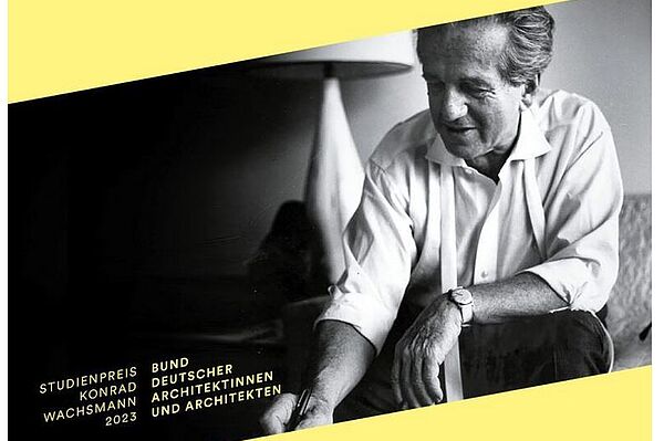 Schwarz-Weiß-Bild von Konrad Wachsmann mit textlichen Hinweisen zur Ausstellung