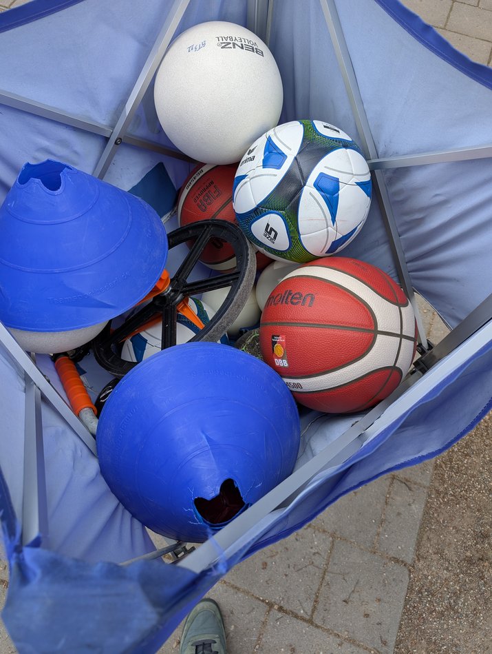 Sport4MINT - Station Bälle verschiedene Bälle und Kegel in einem Balltransportwagen aus Stoff