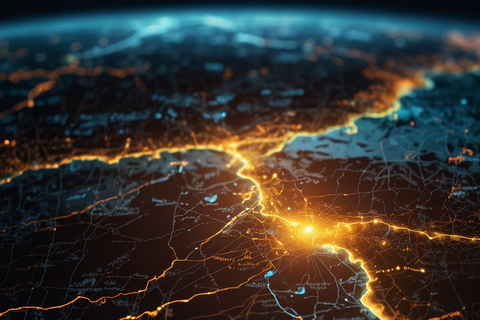Weltkarte mit leuchtenden Verbindungen (KI-generiert)