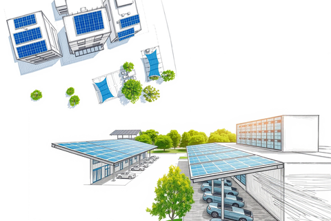 KI-Bild-generierte Skizze mit Photovoltaik-Panels als Schattendächer über Parkplätzen und grünen Bäume im Hintergrund