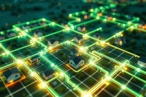 KI-generiertes Bild einer Stadt mit grün leuchtenden Wasserstoffverteilnetz als Wärmeversorgung