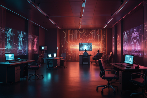 Dunkler, leuchtender Raum mit Bildschirmen