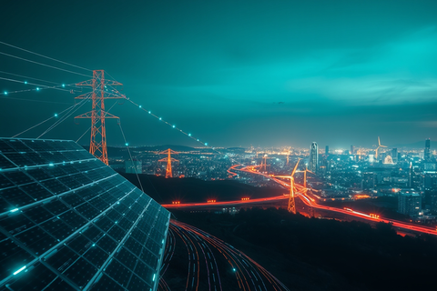 KI-generiertes Bild zeigt Solarpanel bei Nacht mit leuchtenden Straßen und Windkraftanlagen im Hintergrund einer beleuchteten Stadtlandschaft