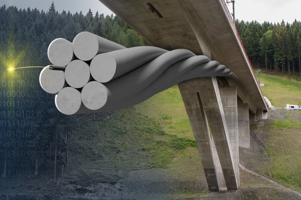 Die Grafik zeigt ein Detailfoto eines Brückenstrangs, der mehrere miteinander verflochtene Stränge zeigt