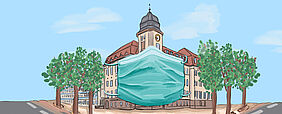 farbige Illustration: Geutebrückbau im Frühling mit Alltagsmaske