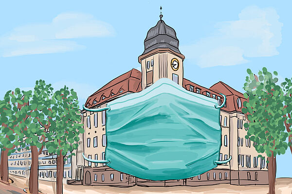 farbige Illustration: Geutebrückbau im Frühling mit Alltagsmaske