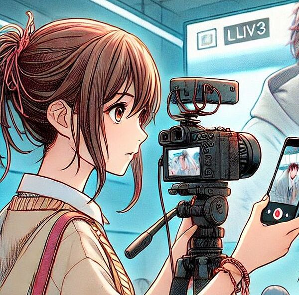 Manga, Grafik, KI-Bild, Mädchen mit Smartphone in der Hand und mit Kamera
