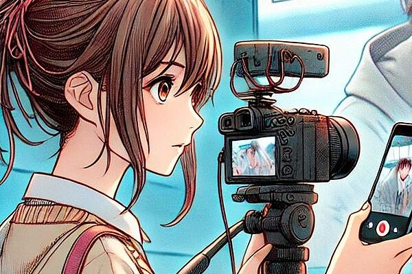 Manga, Grafik, KI-Bild, Mädchen mit Smartphone in der Hand und mit Kamera