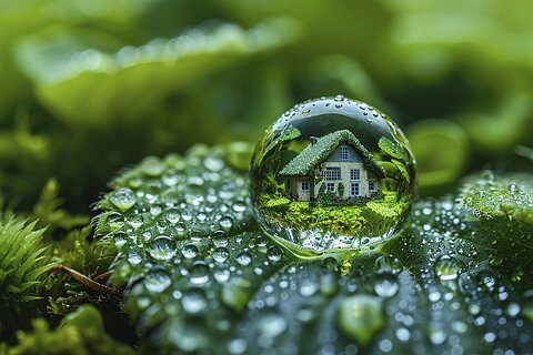 AirWaterHarvest Ein Miniaturhaus spiegelt sich in einem Tautropfen auf einem Blatt