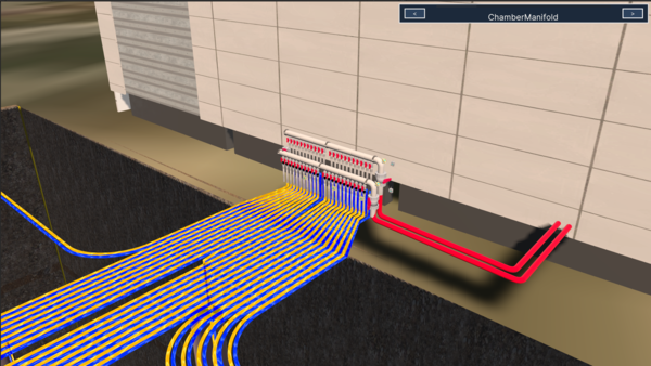 digitales Modell mit Kabeln und Rohren in verschiedenen Farben