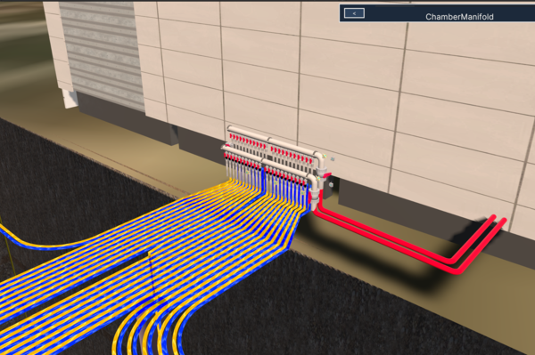 digitales Modell mit Kabeln und Rohren in verschiedenen Farben