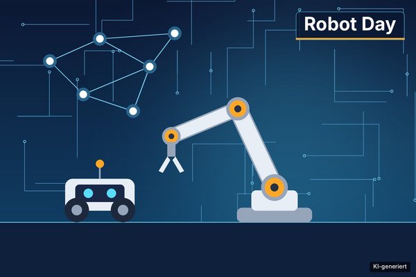 Illustration eines Roboterarms und eines kleinen Lernroboters vor dunkelblauem Hintergrund mit Leiterbahnen und vernetzten Punkten. Oben rechts steht der Schriftzug „Robot Day“, unten rechts der Hinweis „KI-generiert“.