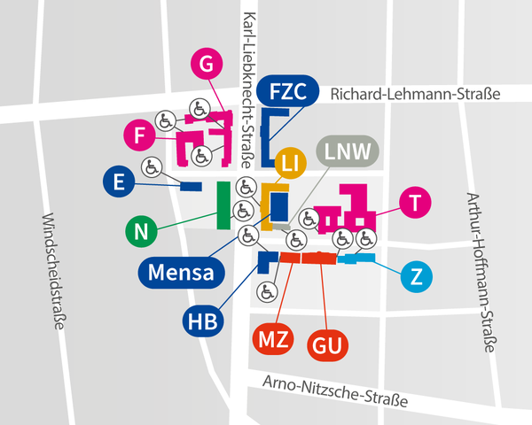 Standorte und Lageplan (Grafik: HTWK Leipzig) Grafik des HTWK Campus an der Karl-Liebknecht-Straße mit allen barrierefreien Zugängen
