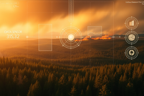 Ein Waldbrand wird mit Überwachungsdaten angezeigt (KI-generiert)