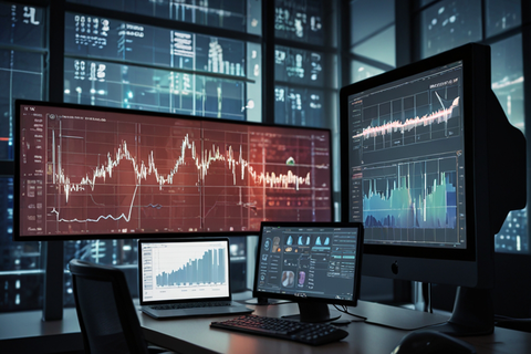 Mehrere Computerbildschirme mit komplexen Grafiken und Datenanalysen