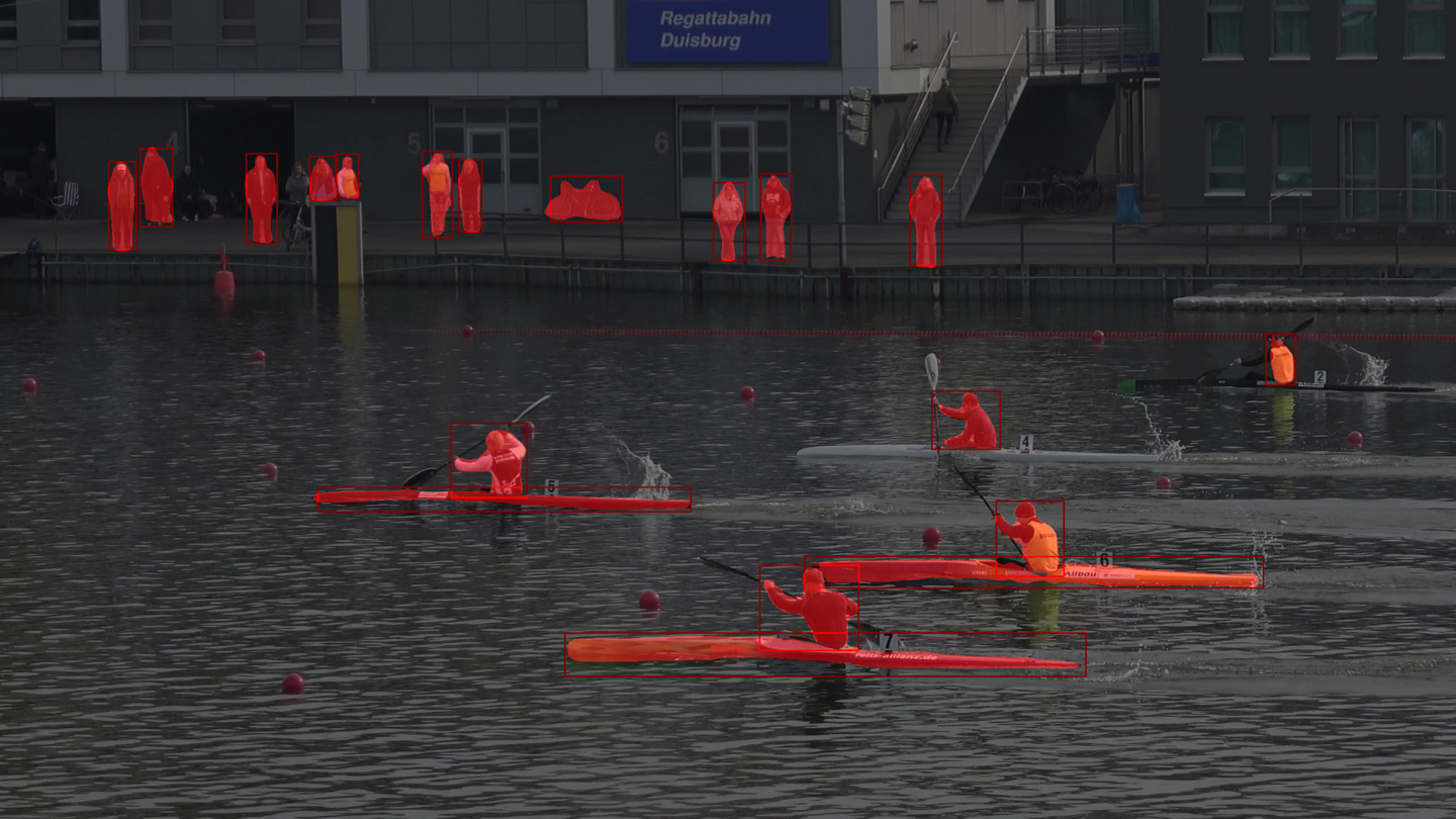 Several canoeists are paddling on a lake; red analysis frames highlight the athletes and people on the shore