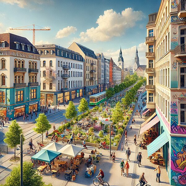 KI generiertes Bild von Connewitz Vogelperspektive auf die Karl-Liebknecht-Straße im Stadtteil Connewitz, die eine KI-generierte Szene zeigt