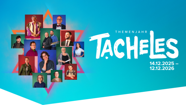 Keyvisual Tacheles Plakat mit vielen Personen und schriftzug "Tacheles" auf blauem Grund