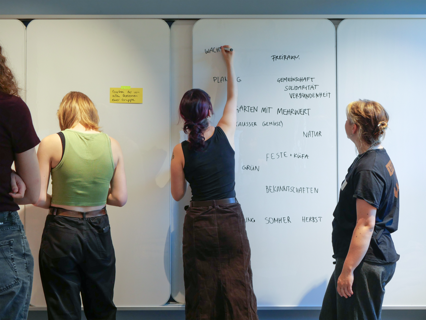 Vier Personen stehen mit dem Rücken zur Kamera. Sie schreiben Schlagwörter zum Thema Gemeinschaftsgärten an ein Whiteboard. Darunter sind Begriffe, wie: Natur, Sommer, Solidarität, Freiraum.