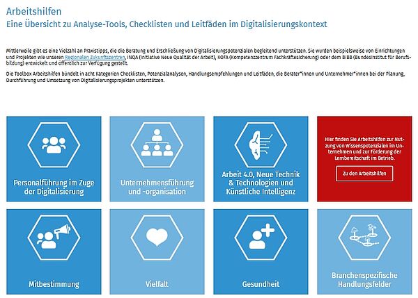 Zentrum digitale Arbeit Arbeitshilfen Screenshot Screenshot mit Übersicht über Analyse-Tools, Checklisten und Leitfäden für KMU