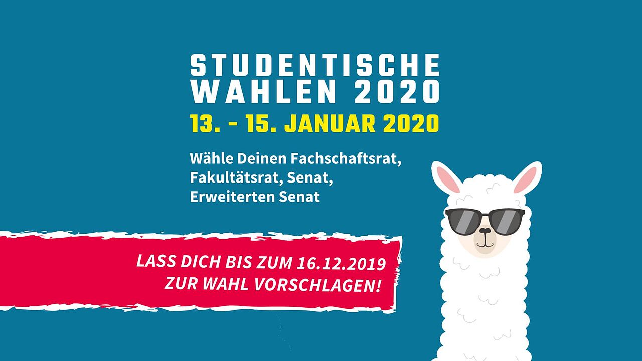 Werbebanner für die Studentischen Wahlen 2020, darauf zu sehen sind alle wichtigen Daten sowie unser Wahl-Maskottchen, das Wahlpaka - ein cooles Alpaka mit Sonnenbrille
